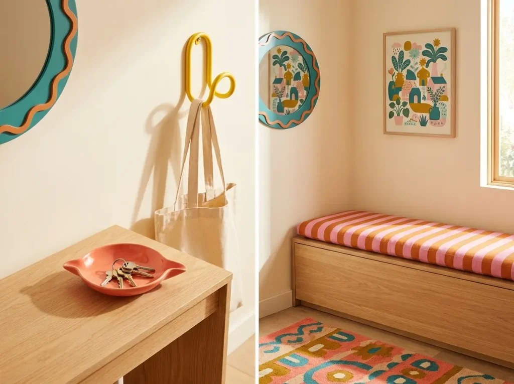 Entryway with a coral key dish, yellow bag hook, and pink striped bench cushion
