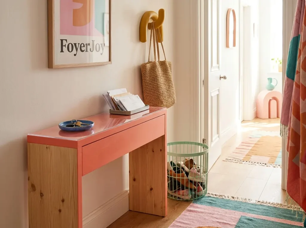 Organized colorful entryway with separate places for keys, mail, a bag, and shoes