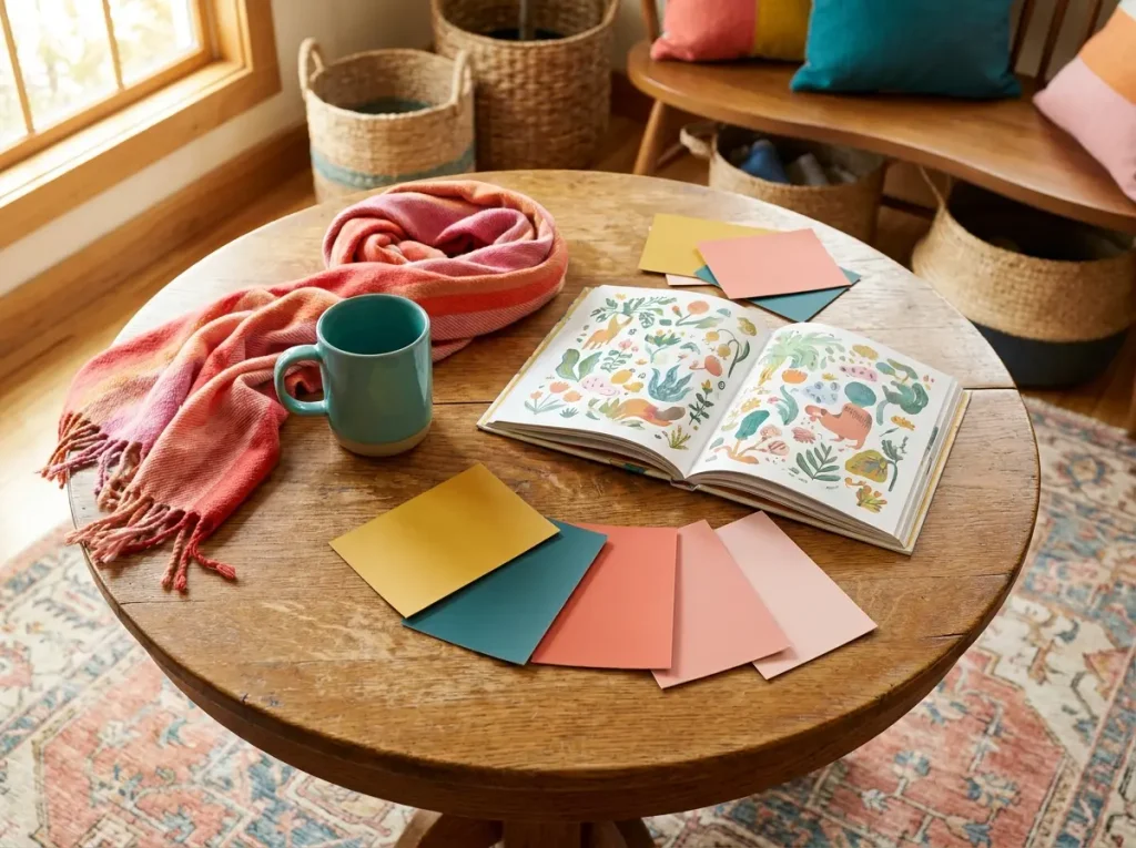 Teal mug, striped scarf, illustrated book, and color cards arranged on an oak table