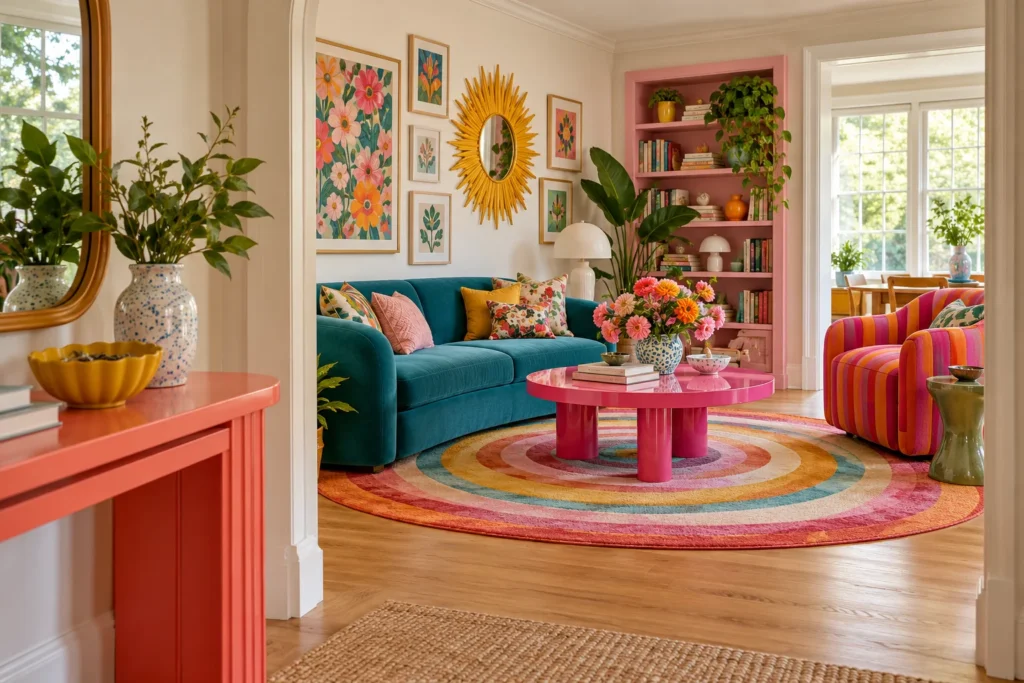 Teal sofa, pink coffee table, striped armchair, and rainbow rug viewed from a coral entryway console.