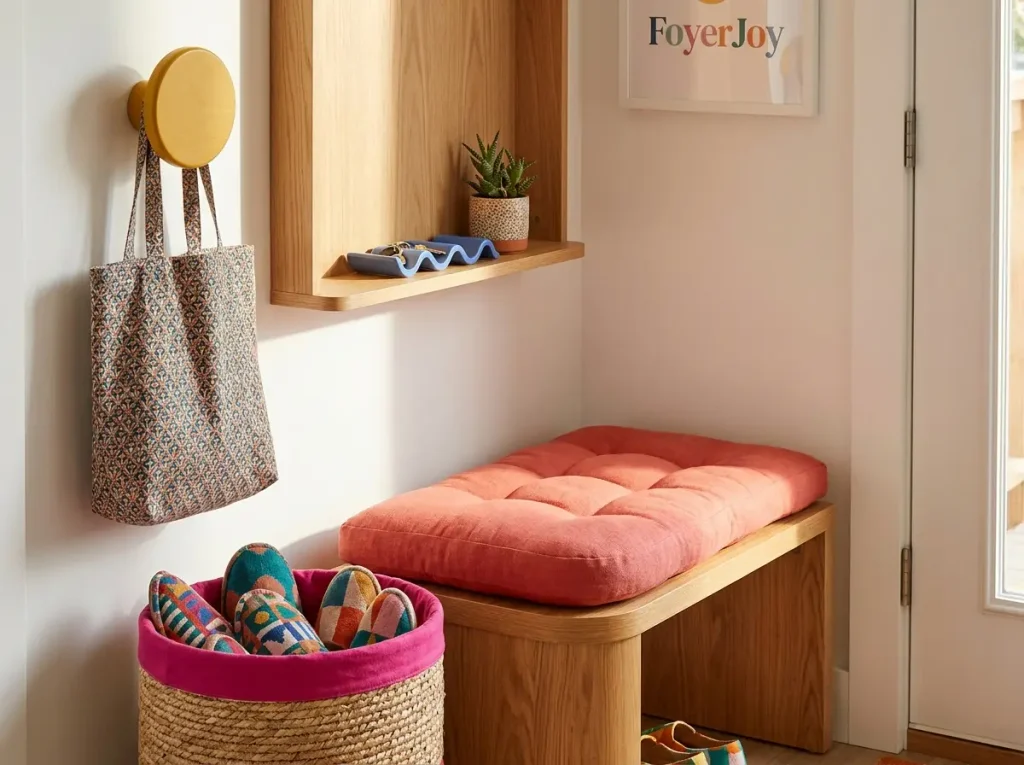 Wooden entryway bench with a coral cushion, pink-lined slipper basket, and yellow bag hook.