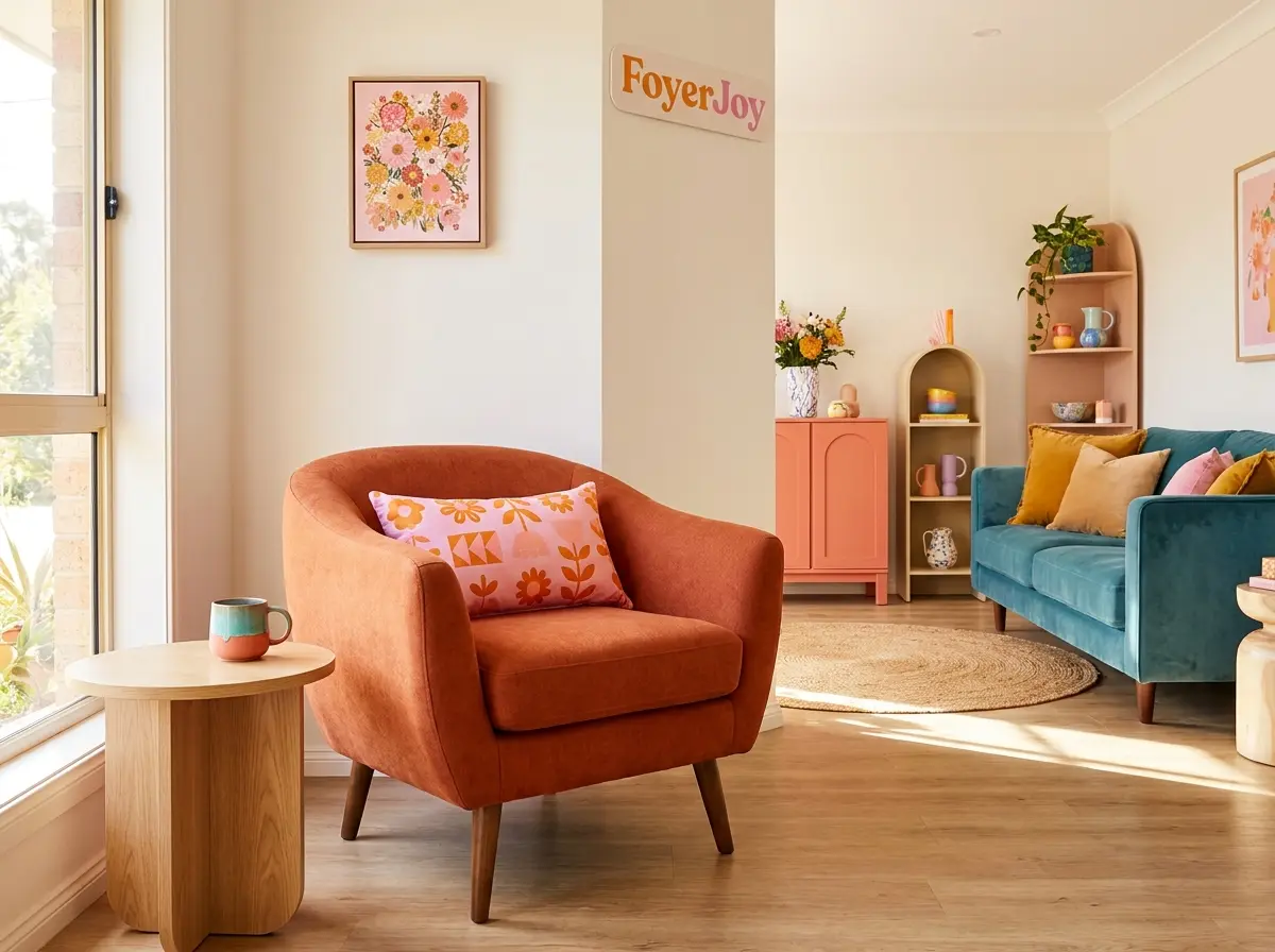 Orange living-room chair with a pink patterned cushion beside a wooden side table.