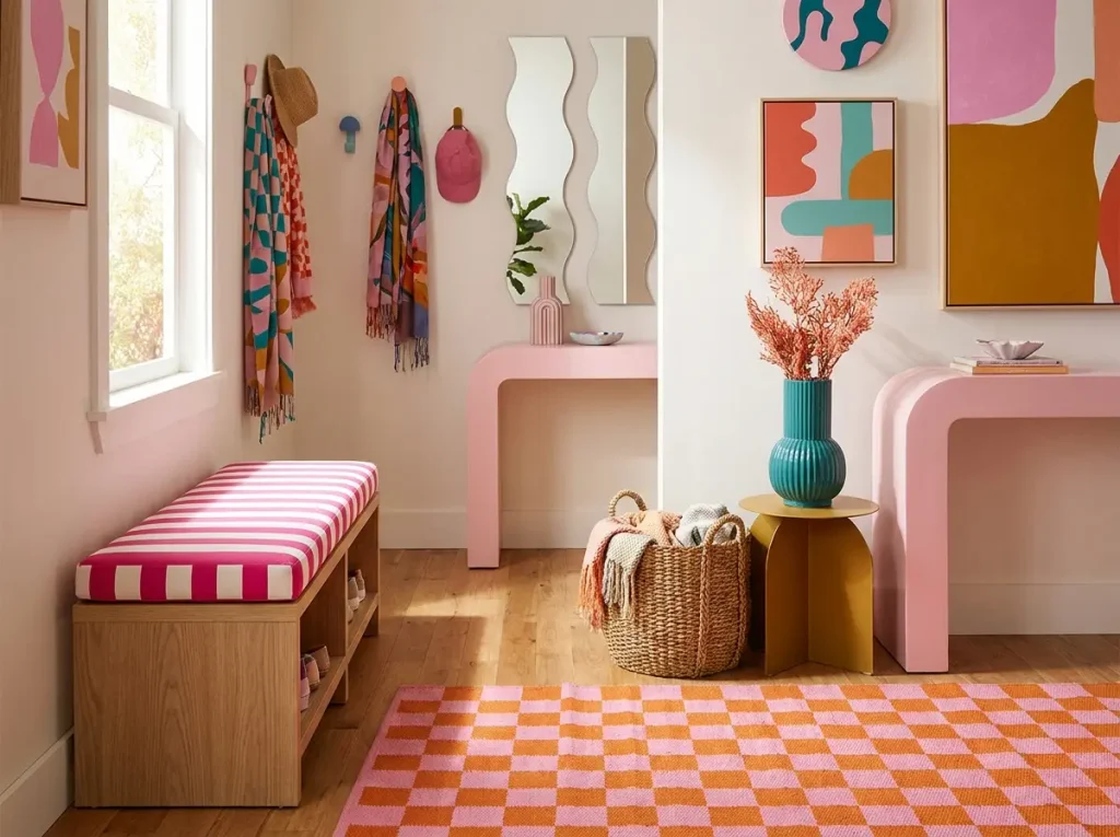 Pink striped bench cushion beside a pink-and-orange checked mat and woven basket.