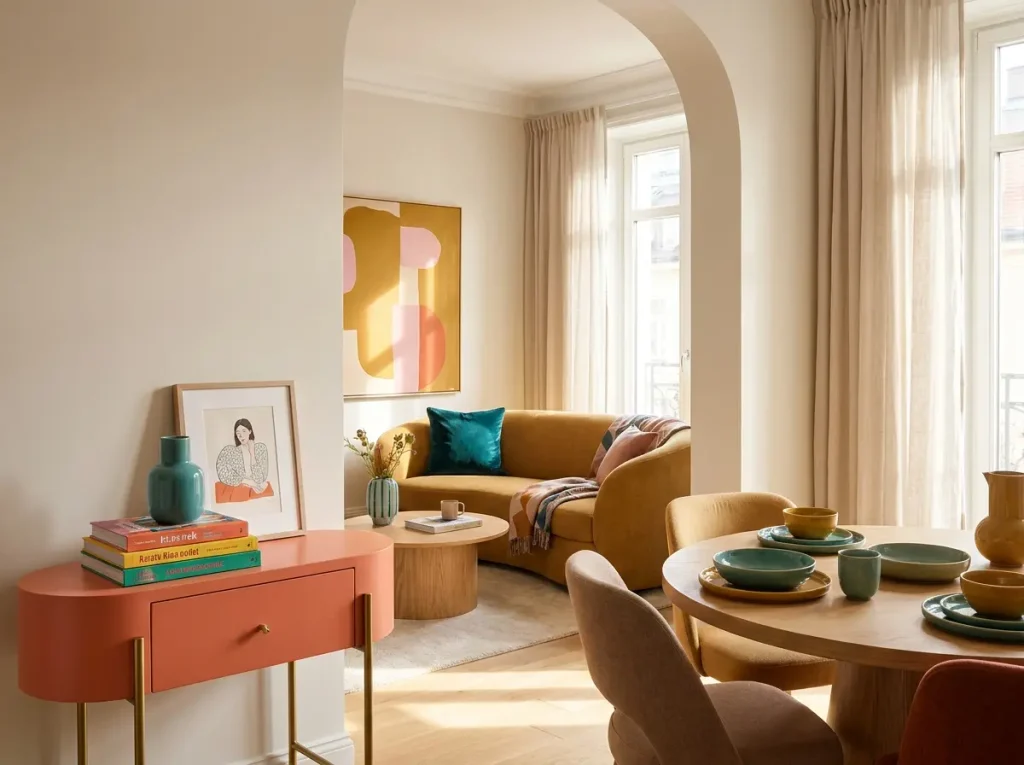 Connected entryway, living room, and dining area with repeated teal and mustard accents