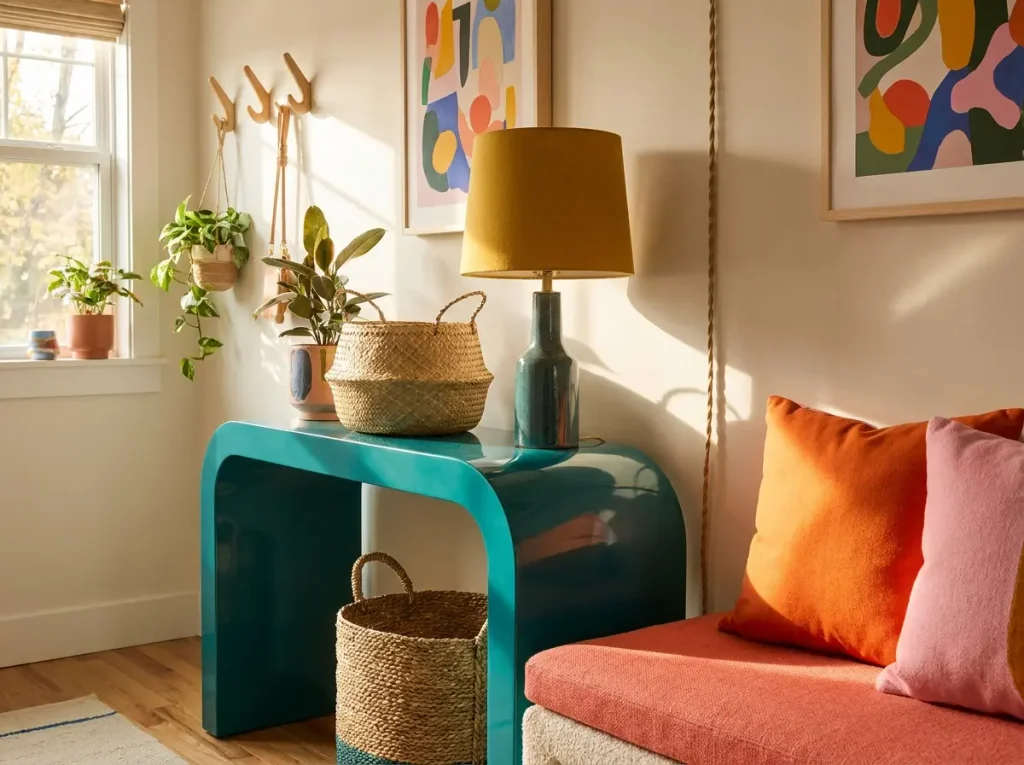 Teal console, woven basket, coral cushion, and warm lamp light in an entryway.