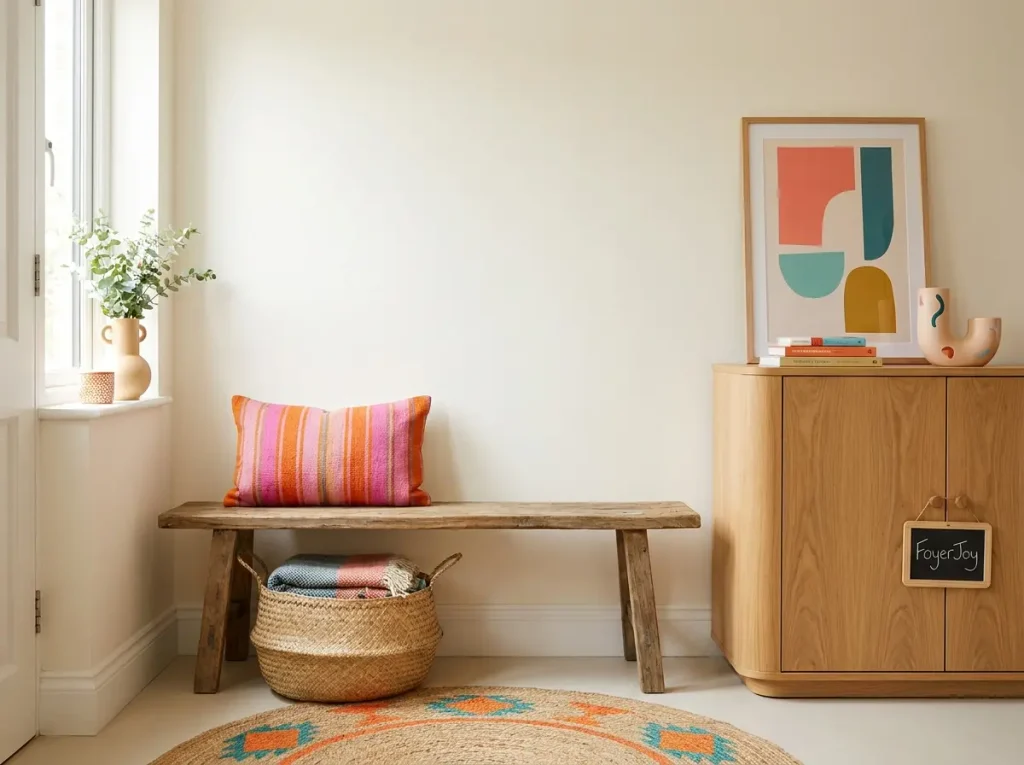 Wooden bench with a striped cushion and woven basket beside a freestanding entryway cabinet.