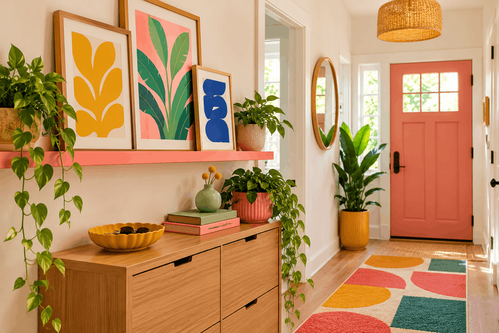 Coral picture ledge displaying three colorful framed prints above a wooden shoe cabinet.