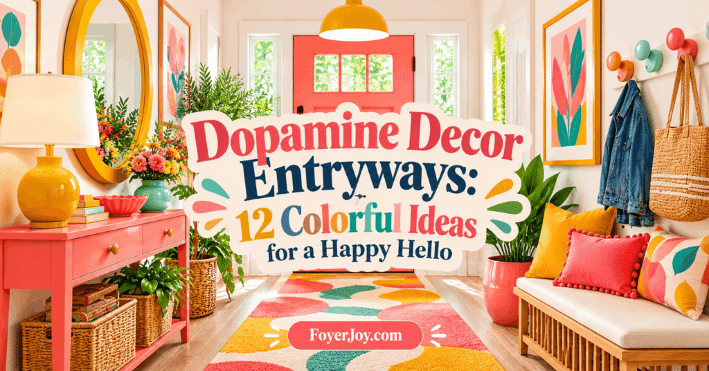 Pinterest pin titled "Dopamine Decor Entryways: 12 Colorful Ideas for a Happy Hello" featuring a bright and joyful entryway filled with vivid colors, a coral console table, a pink front door, a colorful geometric runner rug, and playful wall art.