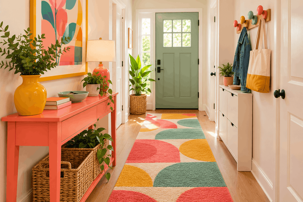 Coral, mustard, and mint geometric runner along a narrow entryway with a slim console.