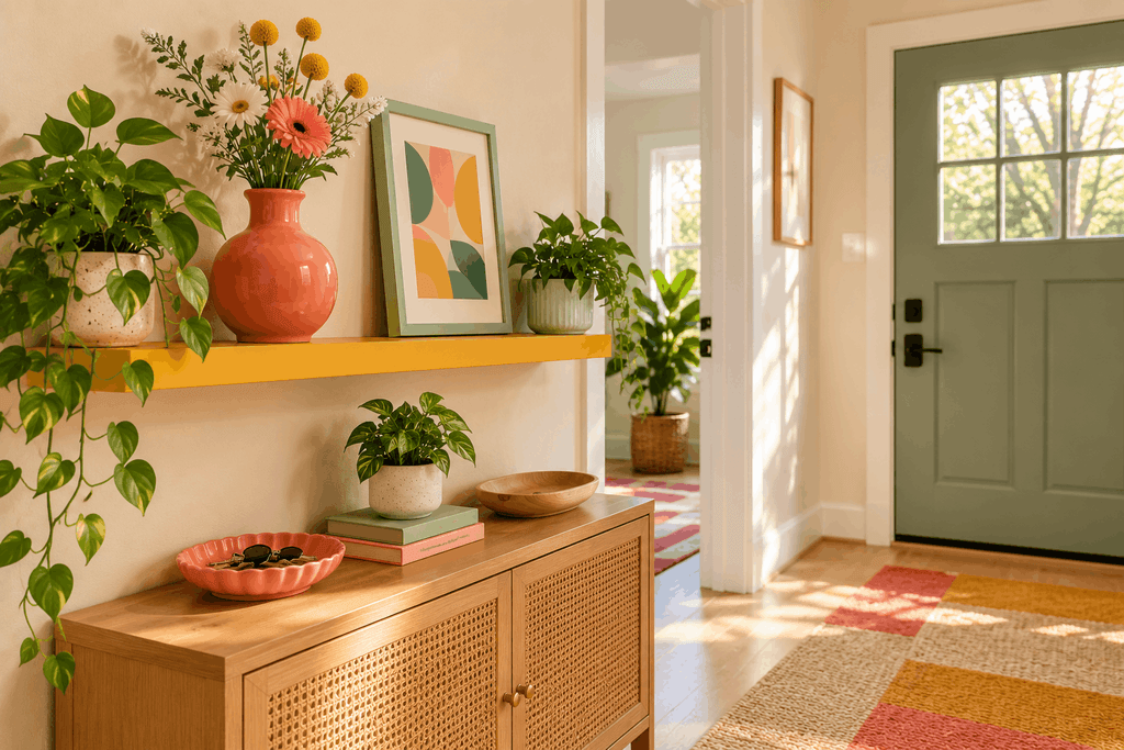 Mustard wall shelf displaying a coral vase, mint-framed print, and flowers above an entryway cabinet.