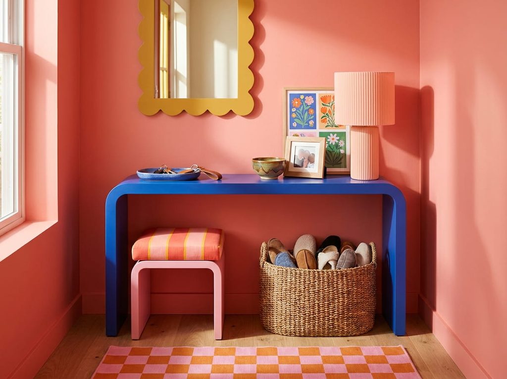 Entryway with a striped pink bench, scalloped yellow mirror, blue key tray, and woven basket holding slippers