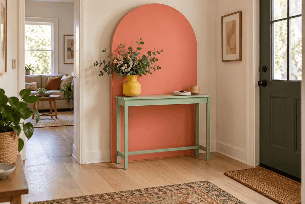 Coral arch-shaped panel behind a narrow mint console in a small entryway.