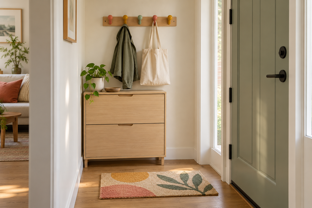 Coral, mustard, and mint wall hooks holding a jacket and canvas tote above a slim shoe cabinet.