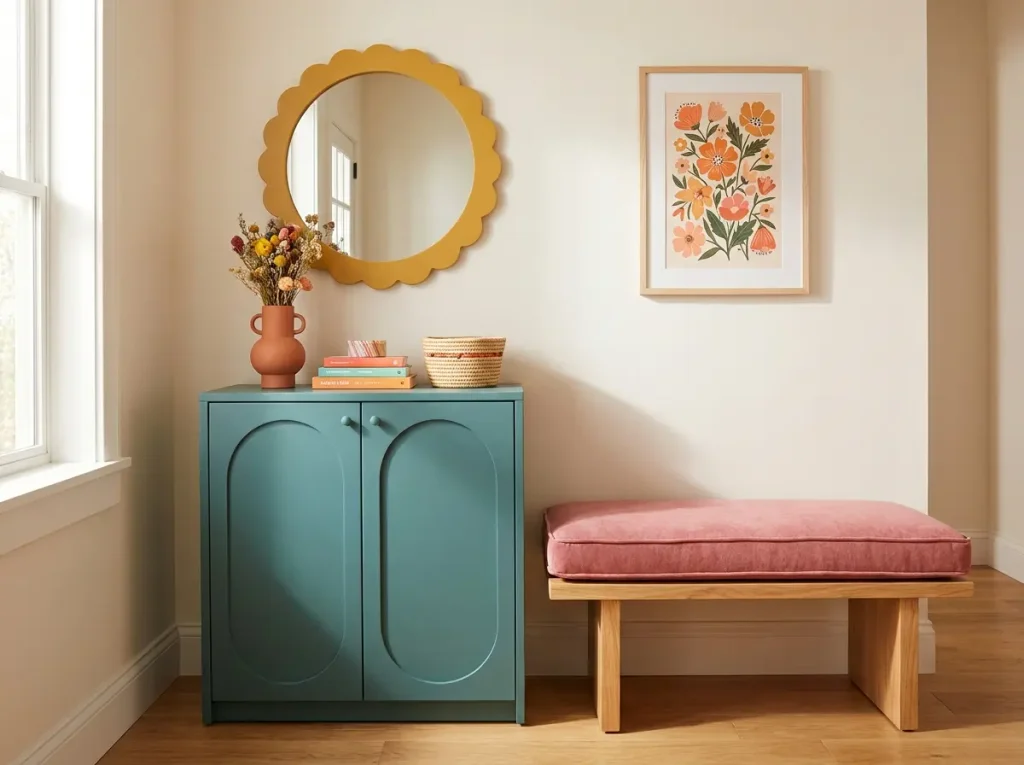 Compact home corner with a teal cabinet, yellow scalloped mirror, and pink bench cushion.