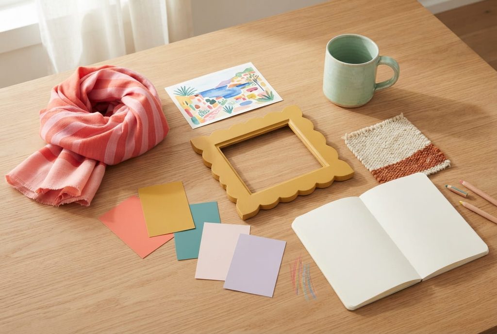 Striped scarf, illustrated postcard, mint mug, colorful paint samples, and scalloped frame arranged on an oak table