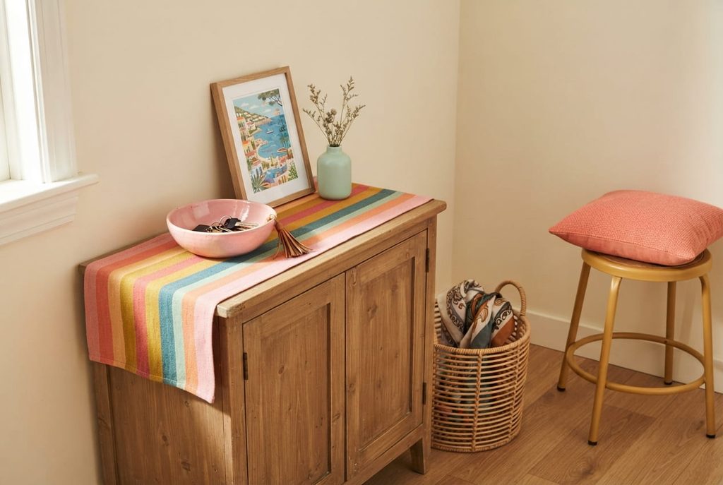 Wooden entryway cabinet with a striped fabric runner, pink key bowl, framed postcard, and woven scarf basket.