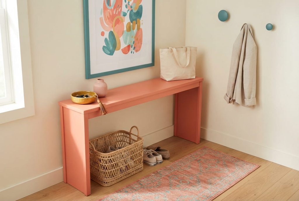 Coral entryway console with a key bowl, pink vase, space for a bag, and nearby teal coat hooks.