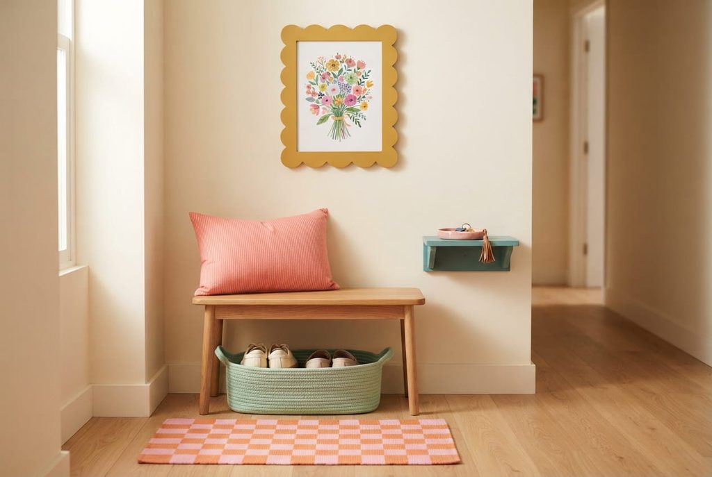 Small entryway bench with a coral striped cushion, mint shoe basket, mustard scalloped frame, and checked mat