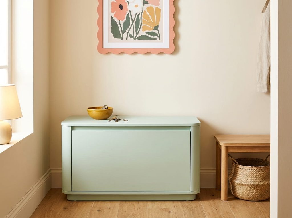 Pale mint shoe cabinet beneath coral floral artwork with a mustard-yellow key bowl