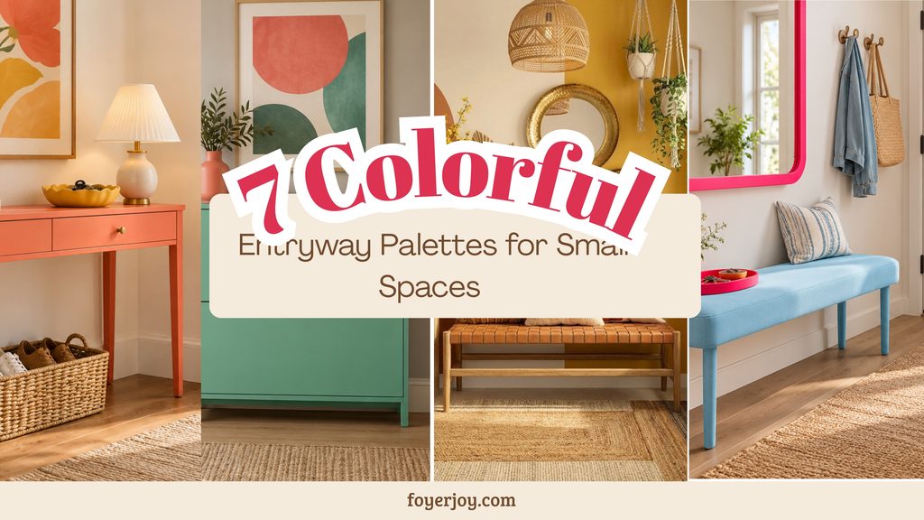 Colorful entryway palettes in a collage of coral, mint, pink, and mustard small entryways