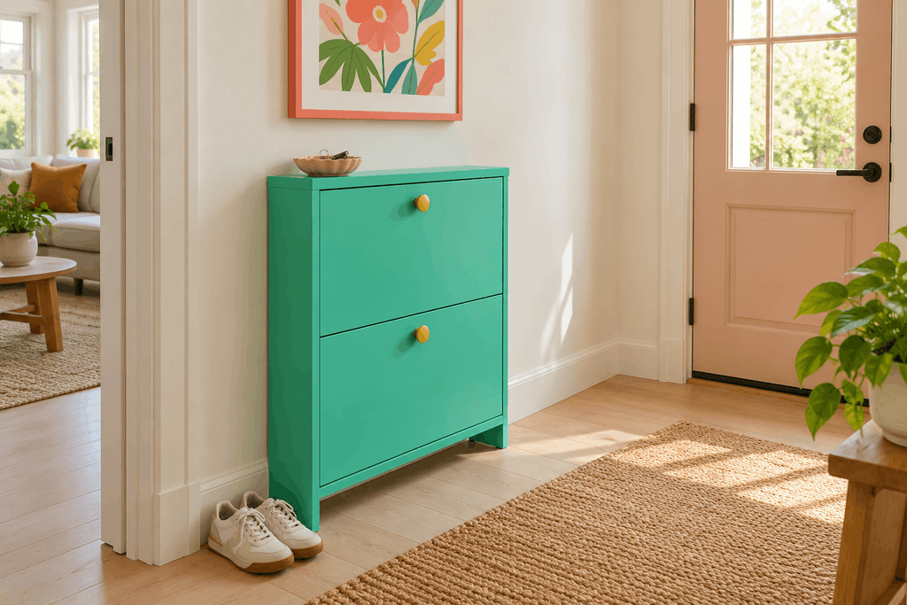 Mint-green shoe cabinet with mustard knobs beneath coral-framed artwork.