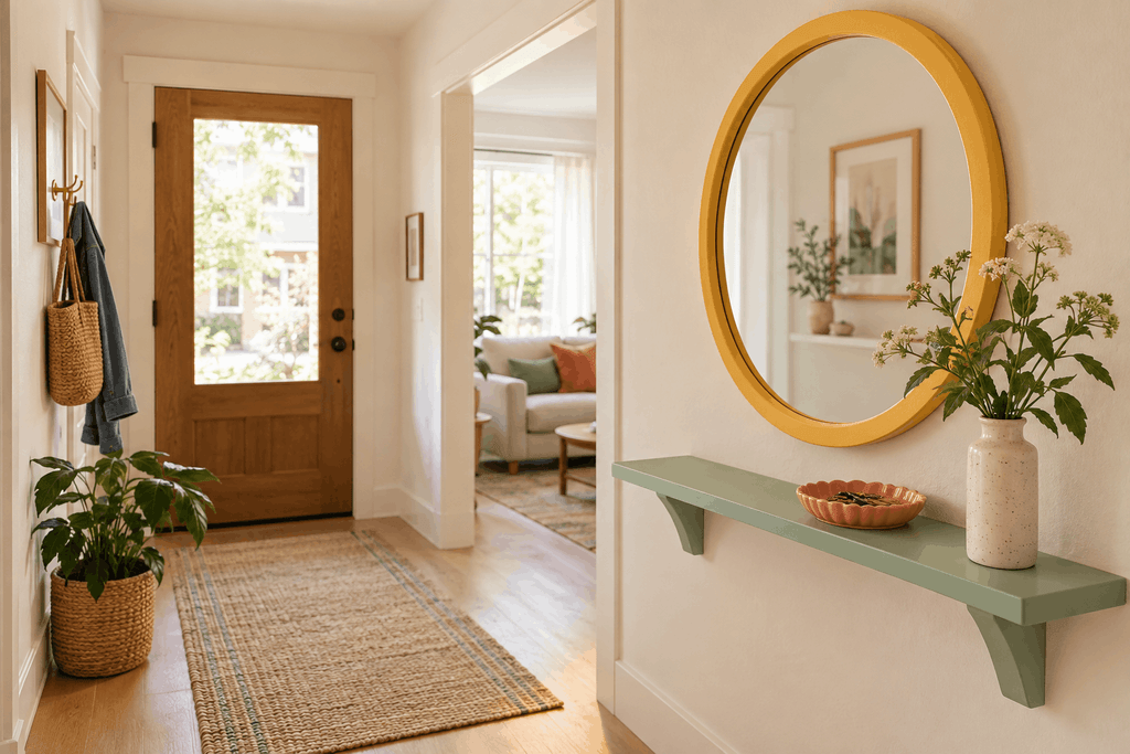 Mustard-yellow round mirror above a mint shelf with a coral catchall in a compact entryway.