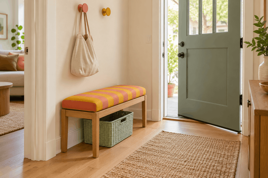 Wooden entryway bench with a coral-and-mustard striped cushion and a mint storage basket underneath.