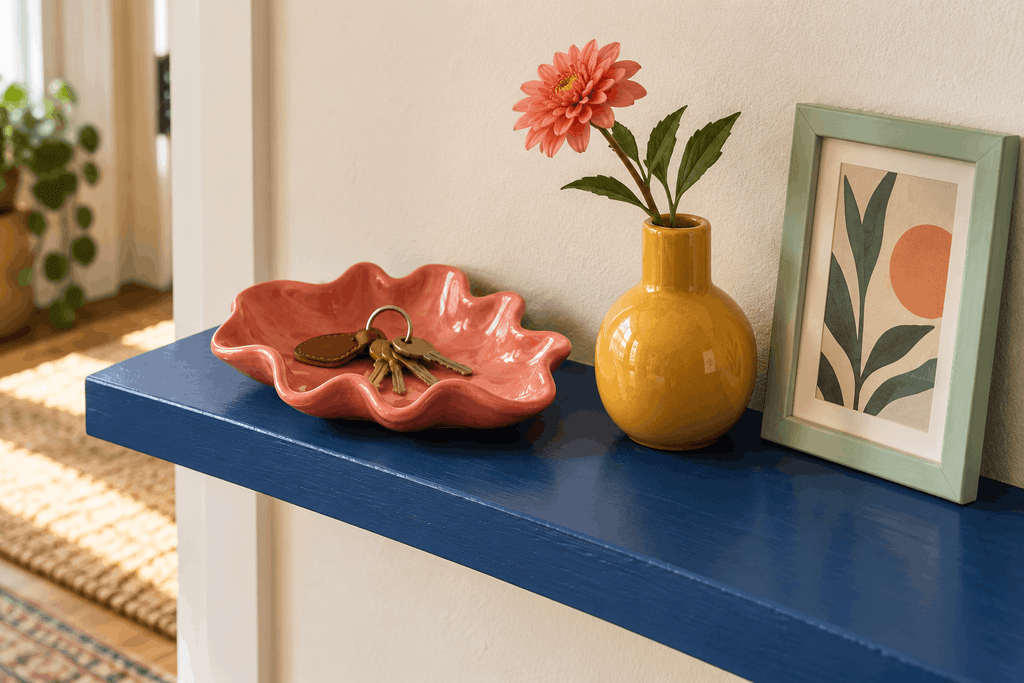 Coral ceramic tray holding house keys on a cobalt-blue shelf beside a mustard vase.