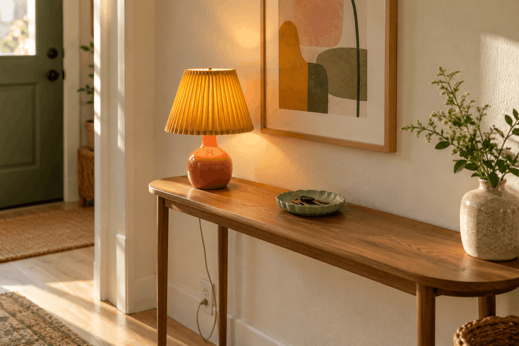 Coral table lamp with a mustard pleated shade beside a mint key dish on an entryway console.