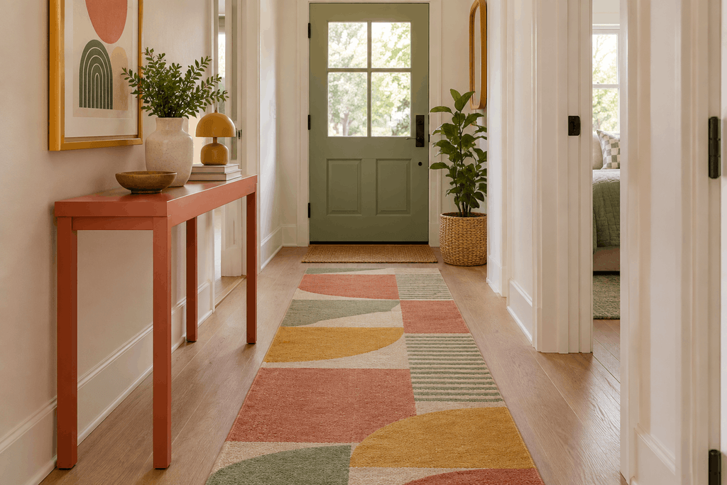Pinterest pin featuring a bright hallway designed to Give a Thrifted Console a Colorful Job, complete with a coral console table, a geometric runner rug, a sage green front door, and warm minimalist decor.