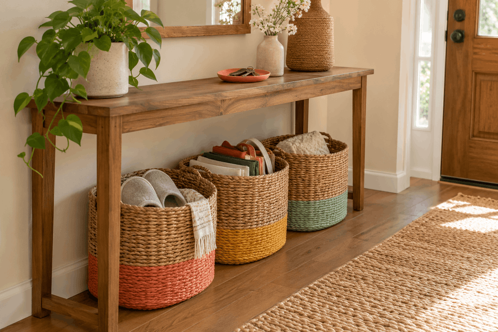 Three woven baskets with coral, mustard, and mint bands beneath a narrow entryway console.