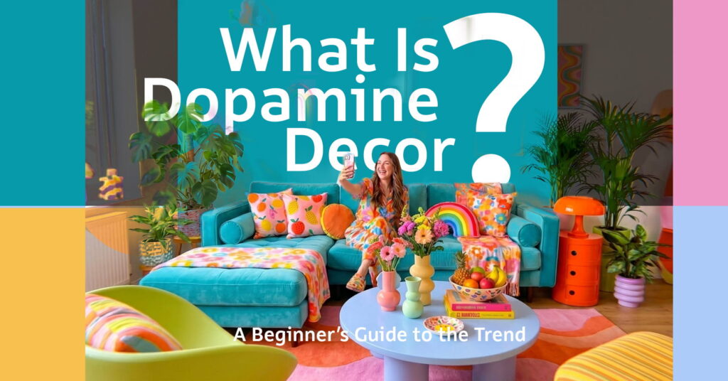 Featured image illustrating the concept of "What Is Dopamine Decor? A Beginner’s Guide to the Trend" by showing an ultra-colorful and joyful living room. A smiling person sits on a bright turquoise sectional sofa, surrounded by a gallery wall of rainbow and smiley face art, paper flower garlands, a wavy orange and pink rug, and colorful decor