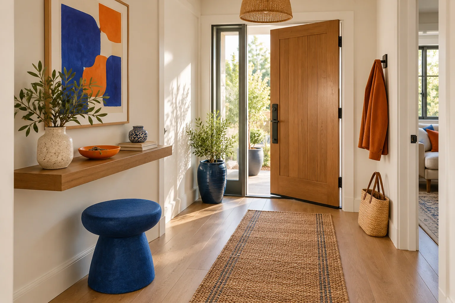 Cobalt, Tangerine, and Soft White accessories and furniture in a small entryway