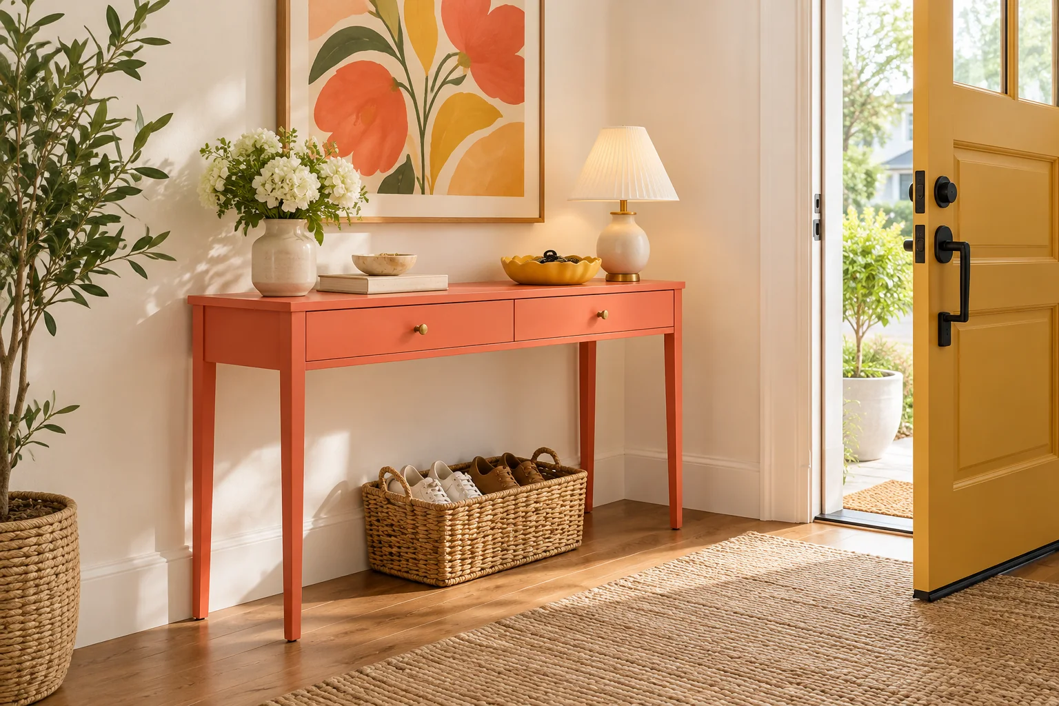 Coral, Mustard, and Soft White accessories and furniture in a small entryway