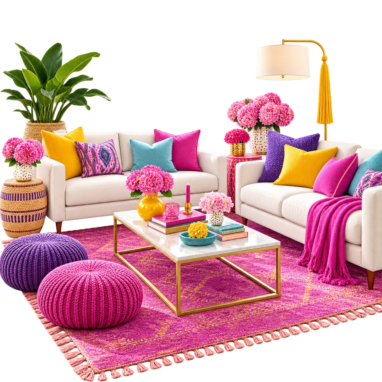 Colorful dopamine decor living room with playful pink, purple and yellow accents