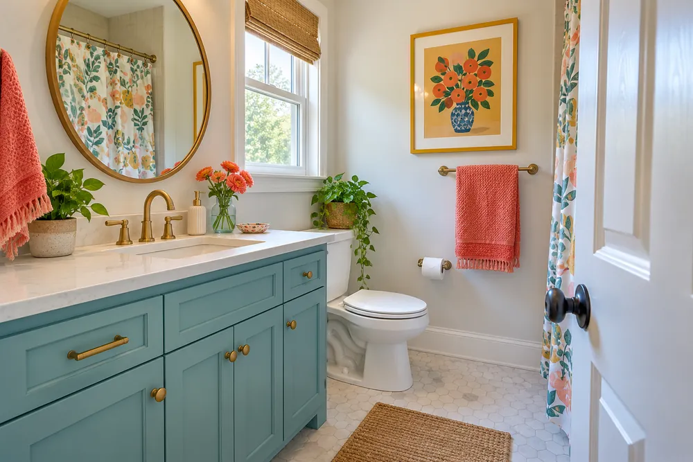 Aqua vanity and coral towel in a small bathroom with open floor space.