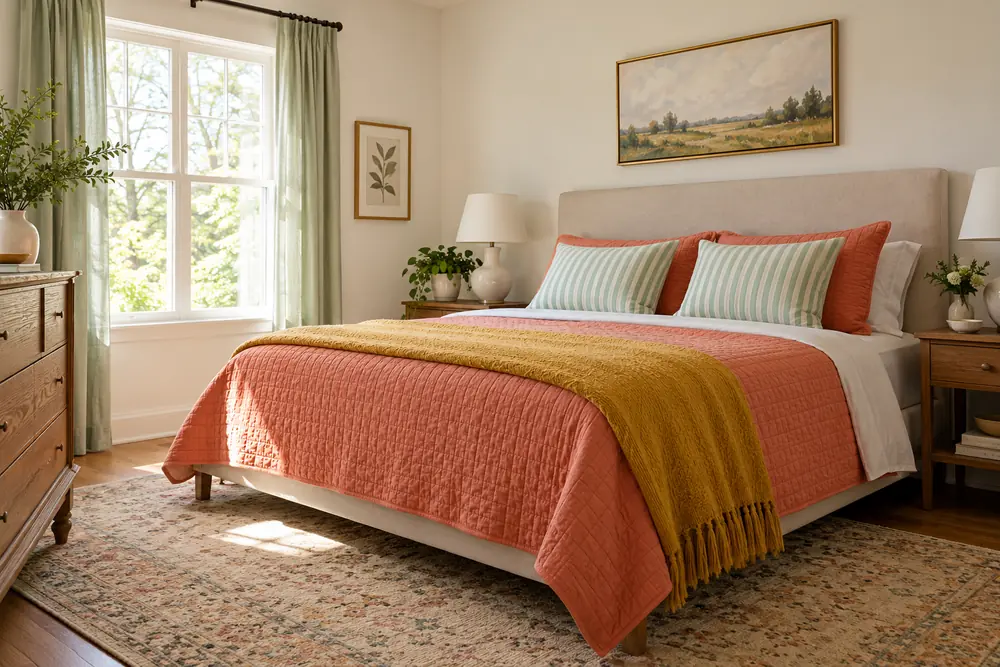Coral quilt, mint striped pillows, and mustard throw on an adult bed.