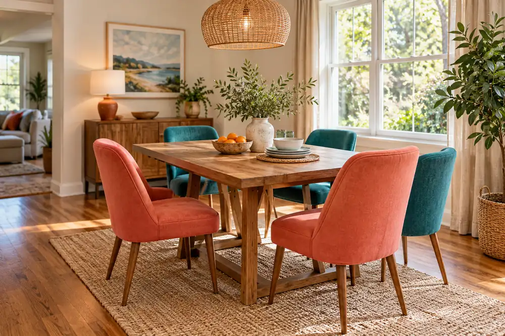 Coral and teal dining chairs around a practical wooden table.