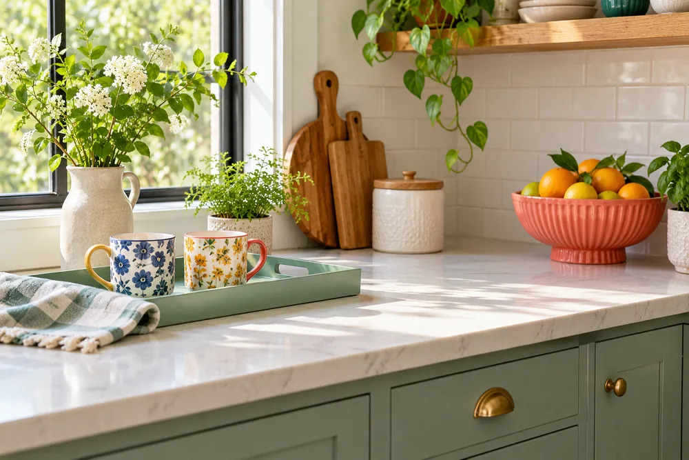 Mint tray and colorful mugs organizing a kitchen tea corner.