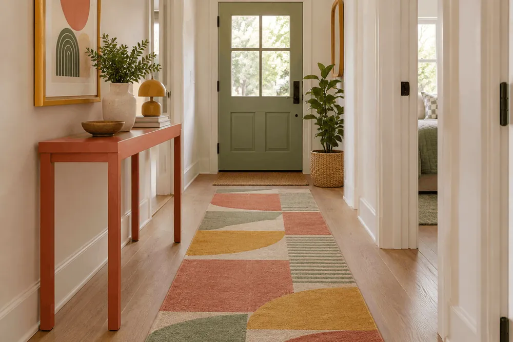 dopamine home decor ideas in an entryway: pinterest pin featuring a bright hallway designed to Give a Thrifted Console a Colorful Job, complete with a coral console table, a geometric runner rug, a sage green front door, and warm minimalist decor.