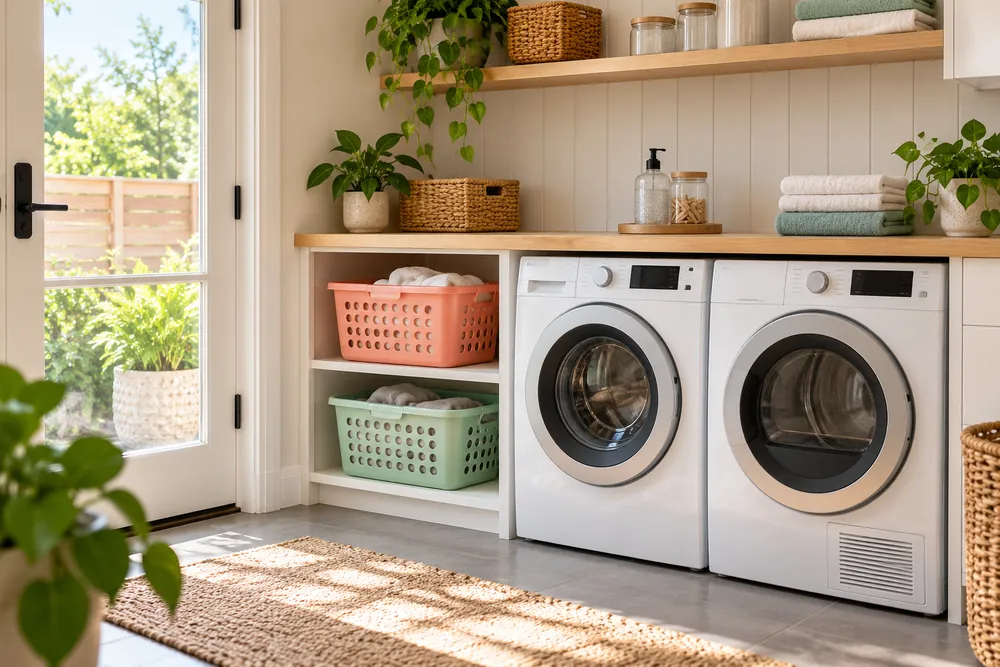 Coral and mint sorting baskets in a compact laundry area.