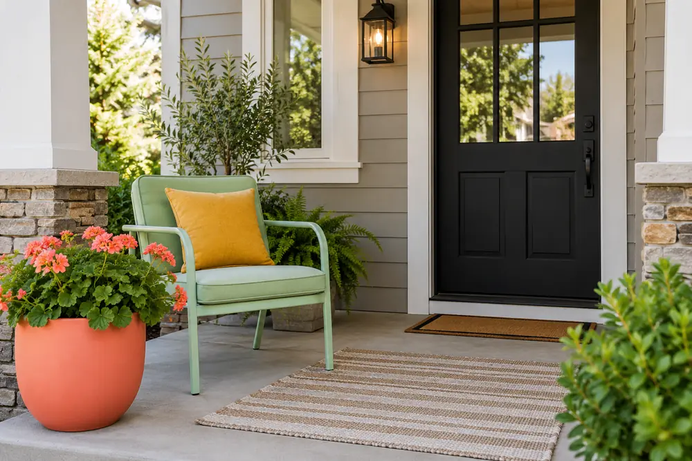 Mint outdoor chair, mustard cushion, and coral planter on a small porch.