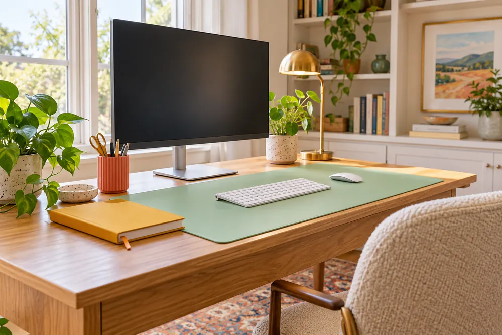 Mint desk mat with a coral pen cup and mustard notebook in a home office.