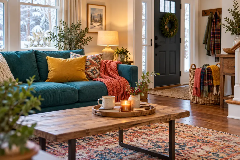 seasonal dopamine decor guide: warm textiles and colorful storage in a winter living room.