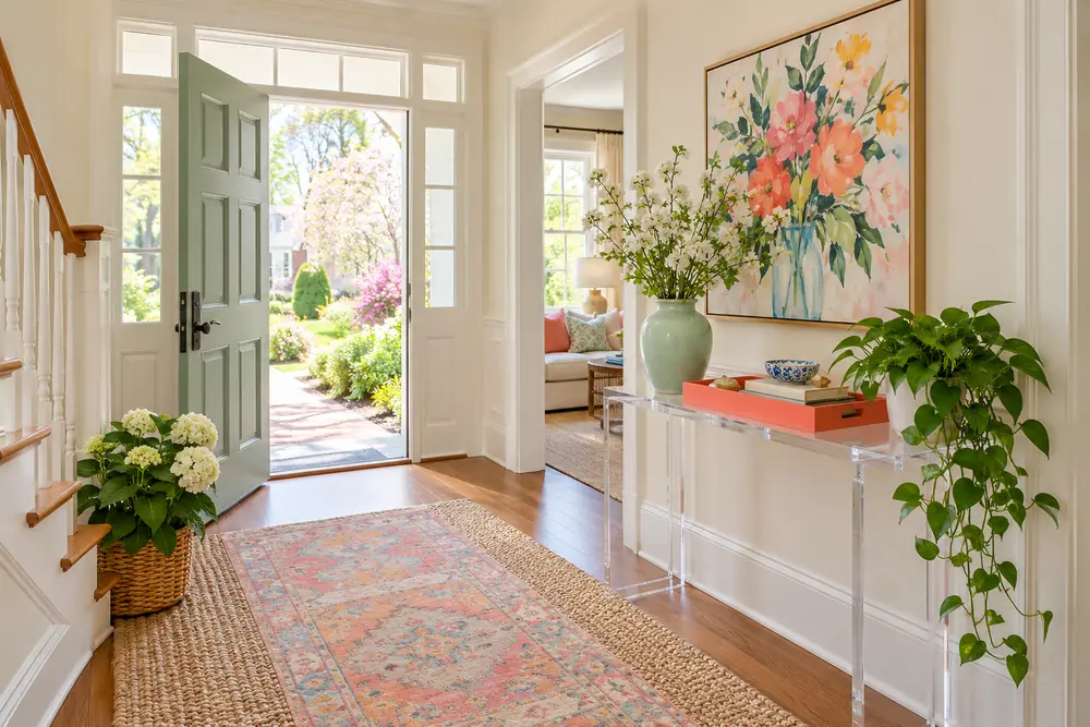 Mint vase and floral artwork creating a small spring entryway refresh.
