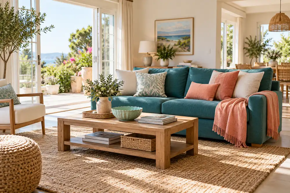 Light cotton textile and mint accents in a colorful summer living room.