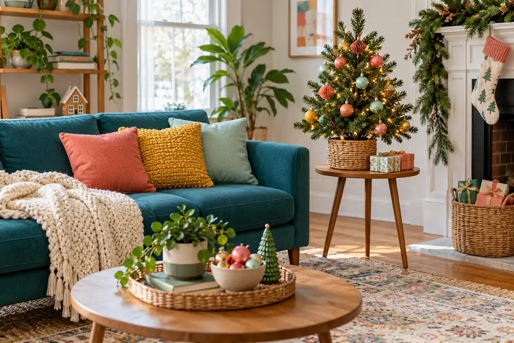 Compact Christmas display using coral, mustard, and mint ornaments.
