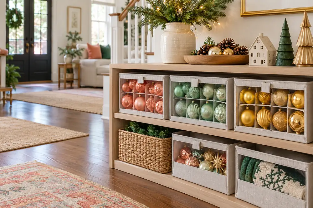 Small seasonal collection organized in storage boxes for reuse.
