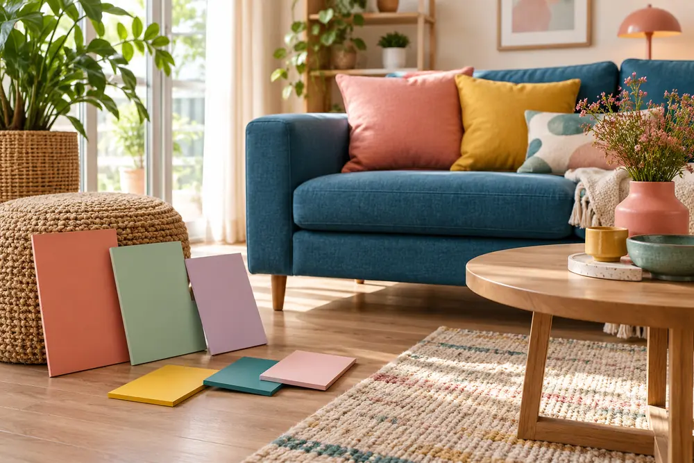Coral, mint, and lilac color samples beside a blue sofa and wooden floor.
