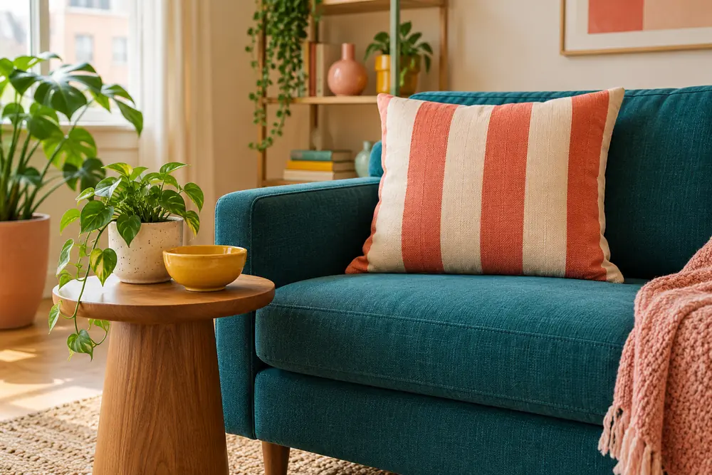 Teal sofa with a large coral striped cushion and mustard bowl nearby.